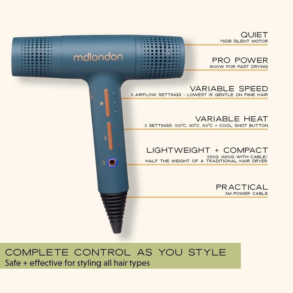 mdlondon BLOW Hair Dryer Casal Blue Blush Professional Hairdryer